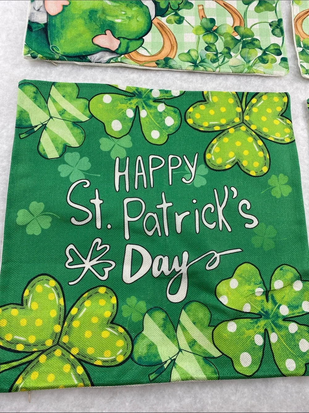 4 green Happy St. Patrick’s day themed pillow covers. Gnomes, clovers and gold